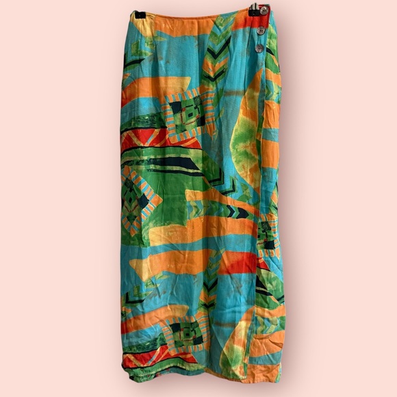 Vintage Dresses & Skirts - Vintage Abstract Wrap Midi Skirt Colorful Art Print